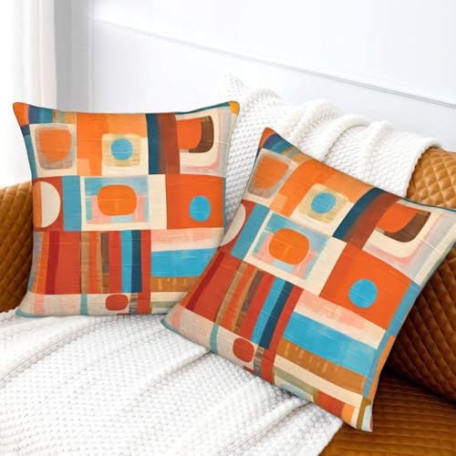 Blue and White Blocks Throw Pillow Covers Orange Decorative Boho Mid Century Pillow Cases 18x18 Set of 2 Modern Pillowcase Outdoor Cushion Cover for Home Couch Sofa - color: Blue and White Blocks, size: 18" x 18" (Pack of 1)