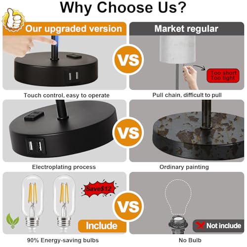 Lynnoland Set of 2 Touch Control Table Lamps, 3-Way Dimmable Bedside Nightstand Lamps for Bedroom Living Room Nursery, 800 Lumens 3000K Warmlight Bulbs Included - color: （2 Pack) Rattan & Black(Base)-3000K Bulbs Included