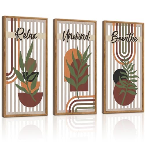 KAIRNE Boho Wooden Wall Art,Bohemian Wood Wall Decor Set of 3(16”X8”),Farmhouse Geometric Wooden Wall Decor,Abstract Minimalist Artwork for Living Room Bedroom Kitchen Office Decoration,Framed - color: Bohemian Wooden, size: 8"L x 16"W