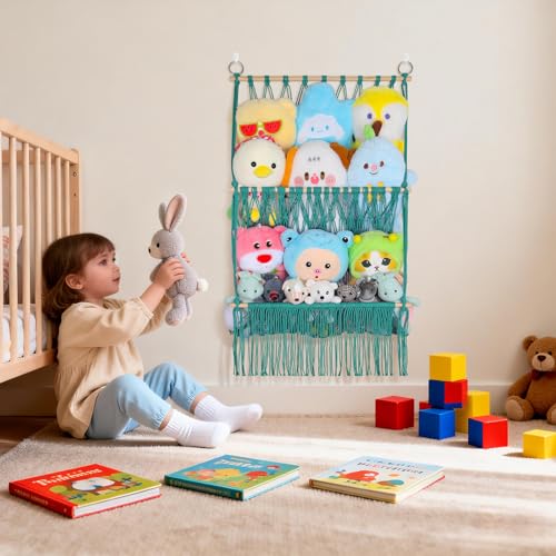 2 Tier Stuffed Animal Storage Shelf Net, 17x32Inch Large Stuffed Animal Organizer Holder Display for Mini Medium Stuffy, Aqua Boho Macrame Wall Plushies Stuffy Storage for Nursery Decor - color: Aqua, size: Large-2 Tier-17x32 Inch