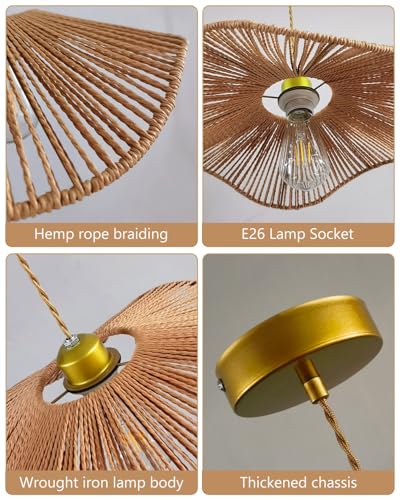 Woven Pendant Light, 15.7" Handmade Rattan Shade, Modern Boho Chandelier for Dining Room Wicher Hanging lamp Farmhouse Rattan Chandelier for Kitchen Island Living Room Bedroom - color: 15.74″-Fan-shaped