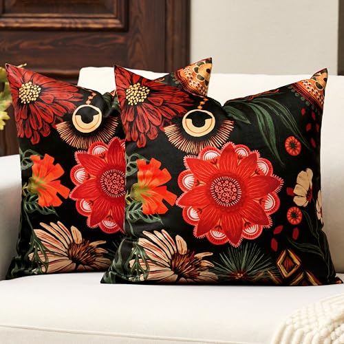 Tyrot Black Red Boho Floral Velvet Throw Pillow Covers 20x20 Inch Set of 2 Vintage Farmhouse Cushion Covers Mid Century Botanical Home Decor Pillow Cases for Couch Bed Sofa Living Room, Bedroom - color: Crimson Shadow, size: 20" x 20" (Pack of 2)