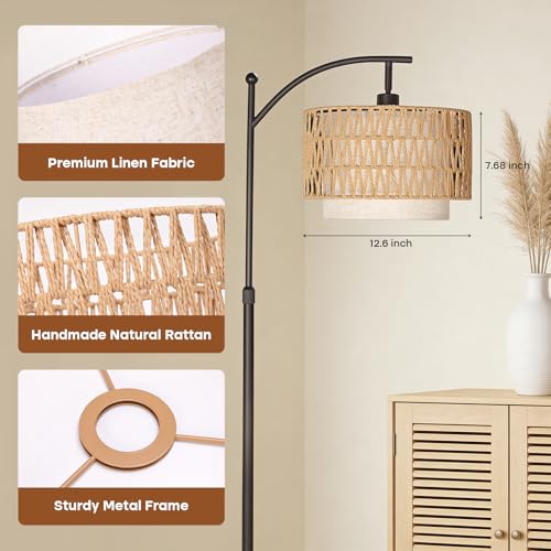 Boho Rattan Lamp Shade, 12.6" Top x 12.6" Bottom x 7.68" High, Natural Rattan & Linen Double Layer Lamp Shades for Floor Lamps Table Lamps Chandelier, UNO Fitter Lampshade Replacement, Easy Assembly