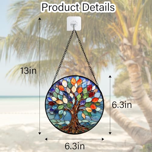 DASTOLL Stained Glass Window Hanging, Colorful Tree of Life Sun Catchers Glass Panel Blue Suncatcher Decor for Birthday for Women, Men, Wife, Aunt, and Mom 6.3 in - color: Colorful, size: 6.3x6.3 IN