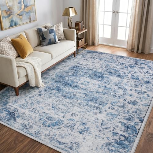 6x9 Washable Area Rug for Living Room, Boho Vintage Blue Rug, Soft Low Pile Non Slip Carpet, Floral Print Mat for Bedroom, Dinning Room,Playroom, Nursery Farmhouse Indoor-Blue/Gray - color: Blue/Grey, size: 6' x 9' (Rectangular)