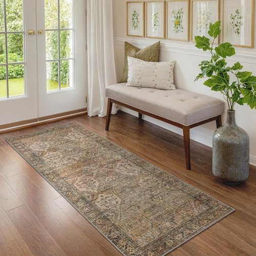 Bavni Kitchen Rug 2x5 Runner Rugs for Hallways Entryway, Washable Vintage Print Carpet, Ultra-Thin Chenille Low Pile Lightweight Rug with Non Slip Backing, Warm Taupe - color: Area Warm Taupe, size: 2' x 5' (Rectangular)