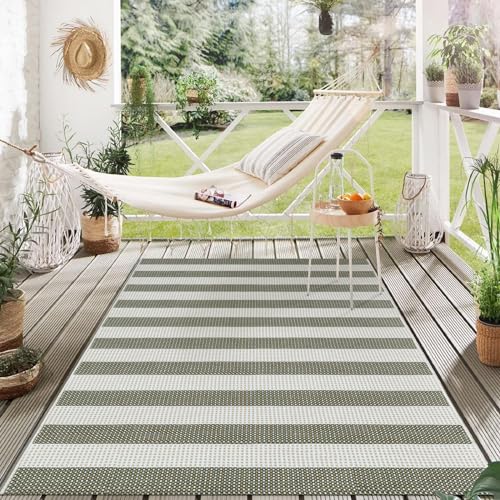 Green and White Striped Outdoor Rug 4x6 ft, Washable Cotton Woven Patio Rug, Reversible Foldable Front Porch Decor Indoor Outdoor Rugs for Farmhouse/Living Room - color: Green, size: 4'x6'