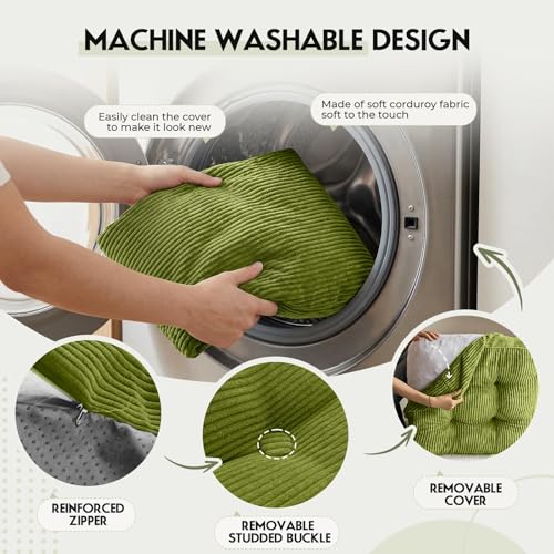 11" Thick Washable Floor Pillow for Adults, Yoga & Meditation Cushion with Handle, Square Large Pillows Seating with Removable Tufted Corduroy Cover for Tatami Living Room Board Games, Green - color: Green
