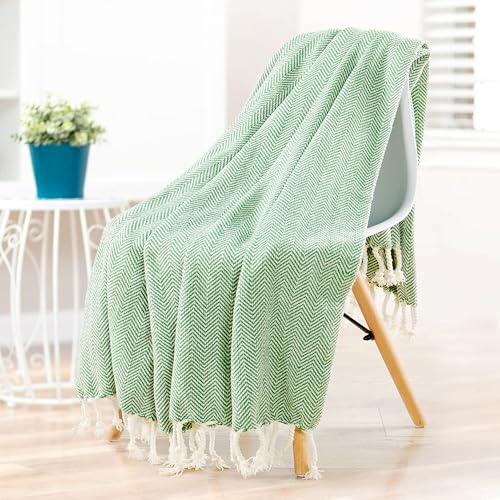 Herringbone Knitted Two Tone Throw Blankets with Braided Tassel Fringe, Boho Farmhouse Lightweight Turkish Throw Blanket for Couch Bed Sofa, Picnic, Yoga, Outdoor Blanket, 50 x 60 Inch, Green - color: Green