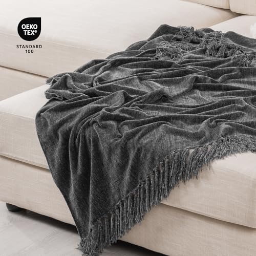 RECYCO Throw Blanket Soft Cozy Chenille Throw Blanket with Fringe Tassel for Couch Sofa Chair Bed Living Room Gift (Dark Gray, 60" x 80") - color: Dark Gray, size: 60'' X 80''