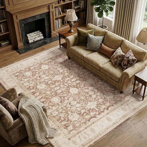 jinchan 8x10 Washable Vintage Area Rug, Distressed Traditional Floral Living Room Rug, Soft Low-Pile Non-Slip Indoor Retro Carpet for Bedroom Dining Room Home Office Decor, Taupe - color: Oriental Taupe, size: 8' x 10' (Rectangular)