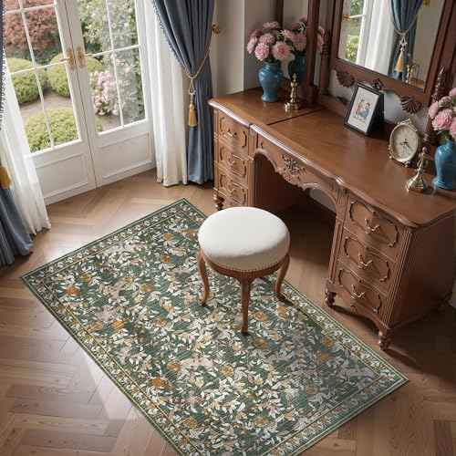 jinchan Eden Floral Washable Area Rug 3x5 Entryway Rug Vintage Lightweight Soft Non-Slip Indoor Low Pile Distressed Green Carpet for Living Room Kitchen Bedroom Entrance Laundry Nursery - color: Eden Green, size: 3' x 5' (Rectangular)