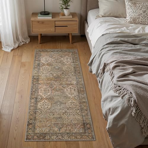 Bavni Kitchen Rug 2x5 Runner Rugs for Hallways Entryway, Washable Vintage Print Carpet, Ultra-Thin Chenille Low Pile Lightweight Rug with Non Slip Backing, Warm Taupe - color: Area Warm Taupe, size: 2' x 5' (Rectangular)