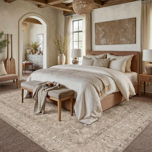 HUGEAR 6x9 Washable Vintage Area Rug Light Brown Neutral Distressed Low Pile Non Slip Soft Carpet Indoor Throw Rug for Living Room Bedroom Dining Room Home Office - color: Light Brown, size: 6' x 9' (Rectangular)