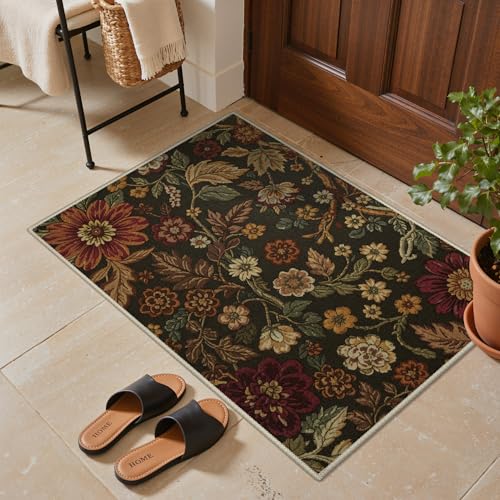 GENIMO 2X3 Washable Doormat, Vintage Floral Print Non-Slip Low Pile Chenille Area Rug, Small Entry Mat for Entrance Hallway Kitchen Bathroom, Floral Brown - color: Vintage Sepia, size: 2' x 3' (Rectangular)