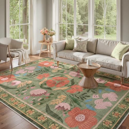 Beeiva 8x10 Washable Rug, Soft Floral Green Rugs for Living Room Indoor, Large Soft Low Pile Flower Carpet for Playroom Kids Dining Room Clasroom Dorm Décor (Green,8'x10') - color: Green, size: 8' x 10' (Rectangular)