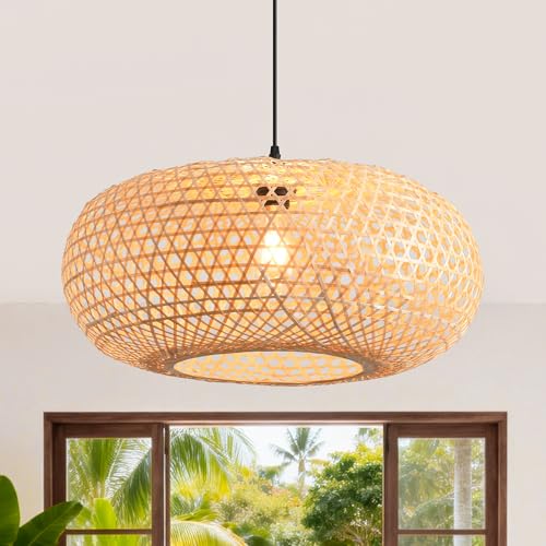 Parrot Uncle 22" Boho Pendant Light, Hand-Woven Farmhouse Chandelier for Dining Room, Bamboo Ceiling Light for Kitchen Island Bedroom Entryway, Natural Rattan Hanging Lamp with 47.24" Adjustable Cord - color: D3049