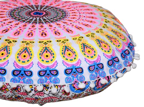 INDIAN CRAFT CASTLE Floor Pillow Cover, Large Cushions Cover Sitting for Adults, Floor Pillow Cover for Meditation or Yoga, Bench/Chair Cushion Cover 22 Inches Pink Yellow - color: Pink Yellow