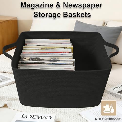 96L Large Blanket Basket,24"x16"x15"Rectangle Storage Bin with Handles,Woven Rope Laundry Basket for Toys, Clothes,Magazines,Home Organization,Nursery,Living Room & Bedroom,Black - color: Black, size: 24"x16"x15"(96L)