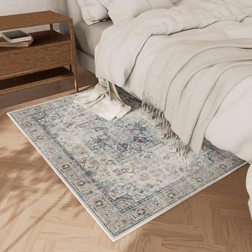 Machine Washable Throw Rugs for Entryway: Door Mat Indoor Entrance 2x3 Small Rug Stain Resistant Non-Slip Low Pile Soft Carpet for Kitchen Front Door Indoor Entry Bathroom Bedroom - color: Blue and Cream, size: 2' x 3' (Rectangular)