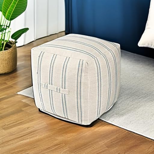 AELS Unstuffed Farmhouse Pouf Cover for Living Room, Boho Storage Bean Bag Cubes, Beige with Navy Blue Stitch Yarn Dyed Stripe Square Ottoman Pouf Foot Rest Footstool, 18"x18"x18", Cover ONLY