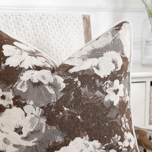 Vintage Floral Throw Pillow Covers 18x18 Set of 2 Neutral Boho Farmhouse Soft Chenille Jacquard Decorative Couch Pillow Covers for Sofa Couch Bed Living Room Home Décor Beige Brown - color: Beige Brown, size: 18" x 18" (Pack of 2)