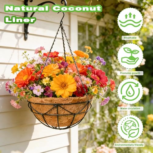 2 Pack 12 Inch Metal Outdoor Hanging Baskets Black Heavy Duty Hanging Planters with Coco Liners for Indoor Outdoor Plants Gardens Patios Terraces（Geometric） - color: Geometric