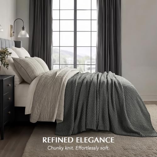 EVERGRACEHOME Chunky Chenille Knit Throw Blanket for Couch, Soft Luxurious Oversized Queen Moss Stitch Blanket for Bed, Cozy Farmhouse Knitted Throw for Sofa, Charcoal Gray, 90" x 90" - color: Charcoal Gray, size: 90" X 90"