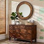 Rustic Round Wall Mirror 24 Inch, Natural Wood Frame with Black Metal Trim, Industrial Farmhouse Style Wall Mirror with Decorative Nailhead Accents for Bathroom, Living Room, or Entryway
