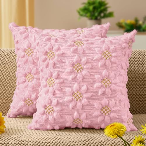 DFXSZ Spring Summer Pillow Covers 18x18 inch Set of 2 Farmhouse Decor Yellow Flower Heart Sunflower Pink Soft Plush Faux Fur Jacquard Throw Pillows for Sofa Holiday Spring Home Decor PTK024J18 - color: Pink, size: 18" x 18" (Pack of 2)