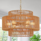 23.6" Large Rattan Chandelier Light Fixture,6-Light Hand-Woven Boho Light Fixture, 3-Tier Drum Wicker Chandelier for Dining Room, Bedroom, Kitchen Island, Foyer - color: Gold 23.6"