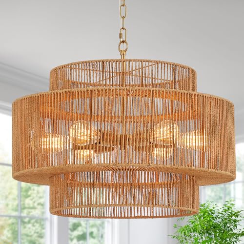 23.6" Large Rattan Chandelier Light Fixture,6-Light Hand-Woven Boho Light Fixture, 3-Tier Drum Wicker Chandelier for Dining Room, Bedroom, Kitchen Island, Foyer - color: Gold 23.6"