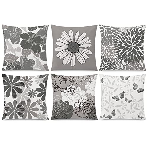 COMMINY Grey Pillow Cover 16x16 Set of 6 Daisy Dhalia Throw Pillow Covers Square Cushion Covers for Couch Sofa Living Room Home Decor - color: Grey White Daisy, size: 16" x 16" (Pack of 6)