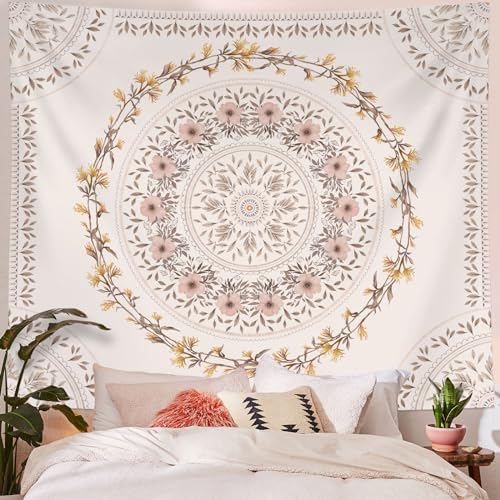 Lifeel White Pink Bohemian Tapestry Wall Hanging, Mandala Floral Medallion Hippie Tapestry with Light Brown Aesthetic Wreath Design, Cream Wall Decor Blanket for Bedroom Home Dorm, XLarge 80×90 inches - color: White Pink, size: 90"L x 80"W
