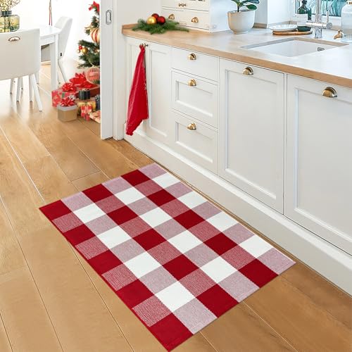 Buffalo Plaid Outdoor Rug 2x3 Front Door Mat Red and White Christmas Rug Cotton Washable Indoor Outdoor Rugs for Entryway Patio Kitchen Bedroom - color: Red and White, size: 2‘×3’