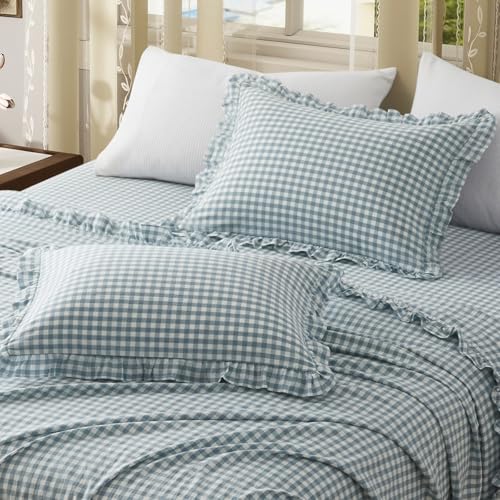 KKJIAF 2 Pcs Plaid Ruffle Pillow Case Standard Size, Cotton Gingham Ruffled Euro Sham Pillow Covers 20x26 Inch, Linen Feel Plaid Bed Pillow Shams with Envelope Closure for Sofa Bed (Dusty Blue Plaid) - color: Dusty Blue Plaid, size: 26" x 20" (Pack of 2)