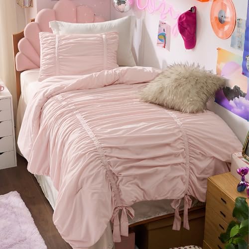 Bedsure Girls Bedding Sets Twin Size，Pink Twin Comforter Set for Girls with Bow Trim Pink, GentleSoft™ 3 Pieces Twin/Twin XL Dorm Boho Bedding for Girls, 1 Bed Comforter, 1 Pillow Shams, 68x88 Inches - color: 05 - Bow Trim Crystal Pink, size: Twin/Twin XL