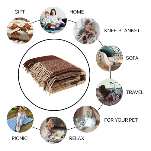 New Zealand Virgin Wool Throw Blanket, Indoor and Outdoor Blankets and Throws, Comfortable Soft Blanket with Fringes and Tartan Pattern, 67 x 79 in, Queen Size, Brown - color: Brown