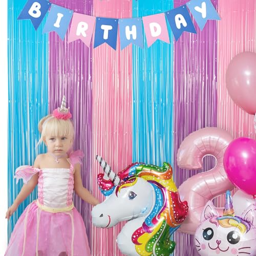 Blue Purple Pink Tinsel Backdrop - GREATRIL Pastel Foil Fringe Curtain Streamers for Pony Theme Birthday Mermaid Shower Unicorn Girls Party Decorations 2 Packs - color: Blue Purple Pink