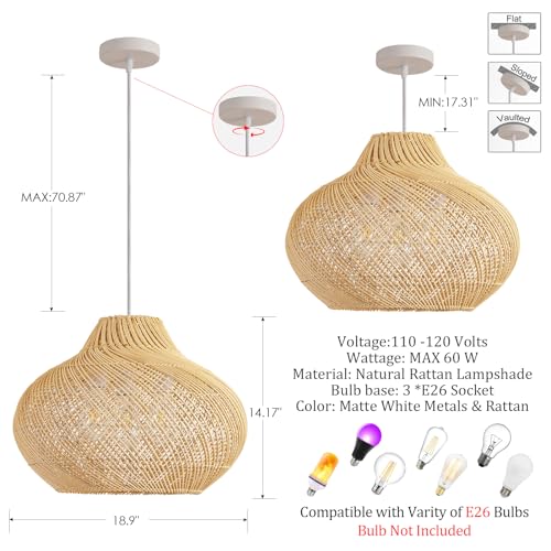 3-Light Rattan Pendant Light,18.9" Round Hanging Light,1-Pack Wicker Pendant Light Hand-Woven Rattan Chandelier for Workplace Dining Living Bedroom Kitchen Farmhouse - color: Metal+Rattan, size: 18.9" 3-Light