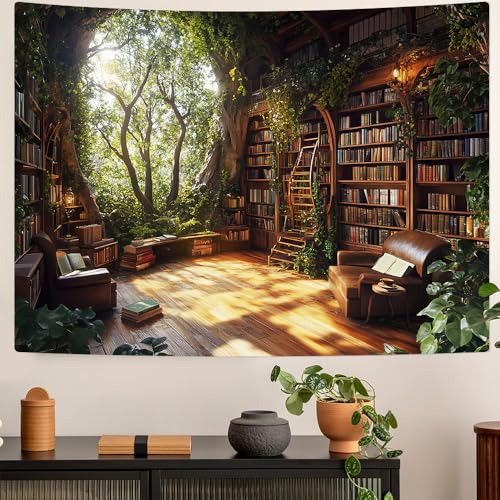 Richldeas 60x44inchs Bookshelf Tapestry Window Tapestries Tree Bookshelf Wall Blanket TreeHouse Tapestries for Bedroom Living Room Wall Cloth Decor RITAYW072 - color: Yellow-2, size: 60"L x 44"W