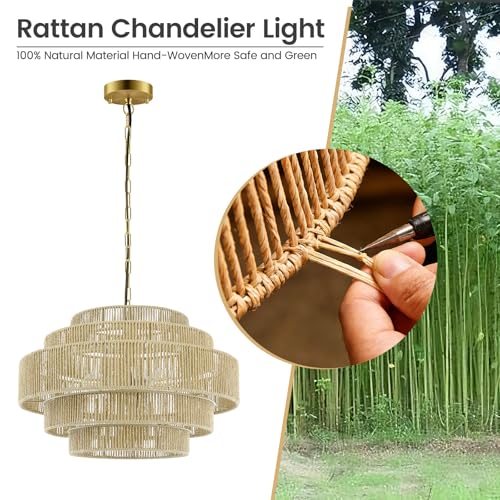 BoostArea 5-Tier Large Rattan Boho Chandelier Light Fixture,20" Hand Woven Pendant Lights Kitchen Island,Large Farmhouse Pendant Light for Kitchen,Dining Room,Hallway, Foyer - color: Gold & Beige
