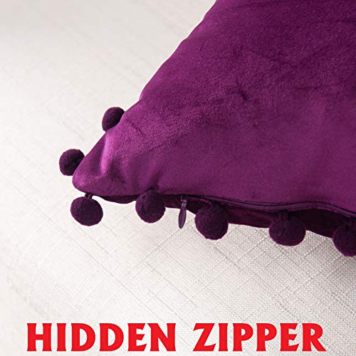Elegant Comfort POM-POMS Fringe Velvet Cushion Covers Set of 2, Velvet Soft Solid Decorative Square Throw Pillow Covers Set Cushion Case for Couch Bed, Livingroom 18 x 18 Inch (45 x 45 cm), Purple - color: Eggplant/Purple, size: 18" x 18" (Pack of 2)