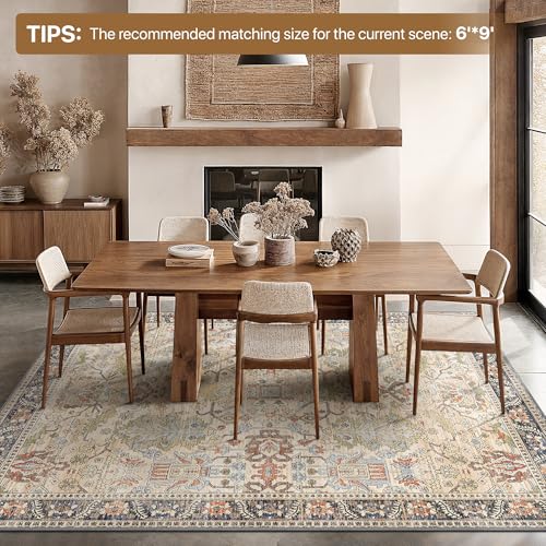 Bavni Washable Area Rugs 8'x10' Clearance for Living Room Boho Tumble Vintage Large Carpet Farmhouse Non Slip Thin Distressed Rug for Bedroom Dinning Room, Ivory Beige Blue Multi - color: Ivory/Teal, size: 8' x 10' (Rectangular)