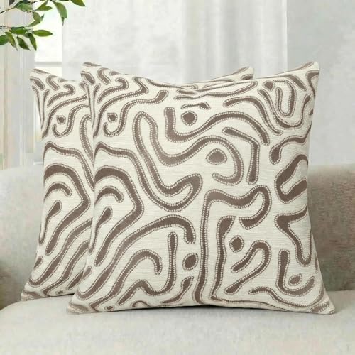 Mantle & Mason Throw Pillow Covers 18x18 Chenille Pillow Covers Set of 2, Beige Modern Abstract Luxury Textured Decorative Pillow Cover for Couch Sofa Bed Living Room - color: Artflow Beige, size: 18" x 18" (Pack of 2)