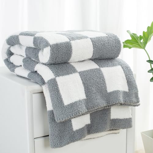 Carriediosa Checkered Throw Blanket 50" X 60", 400GSM Ultra Soft Microfiber Fuzzy Fluffy Reversible Cute Preppy Knitted Blankets Cozy Plush Fall Throws for Couch, Bed, Sofa, Grey - color: Check - Grey, size: 50" X 60"