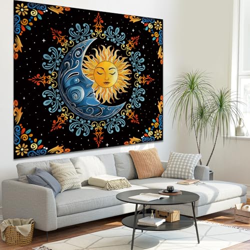 Alened Boho Hippie Sun and Moon Tapestry for Bedroom Aesthetic, Black Vintage Celestial Starry Sky Tapestries, Dark Floral Moon and Stars Wall Hanging Decor for Dorm Living Room (51'' x 60'') - color: sun and moon, size: 60"L x 51"W