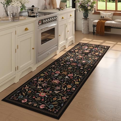 Vintage Medallion Floral Kitchen Runner 2x6, Machine Washable Rug, Soft Low Pile, Non-Slip Carpet for Hallways, Laundry, Bedroom, Bathroom, Entryway | Black - color: Black, size: 2' x 6' (Rectangular)