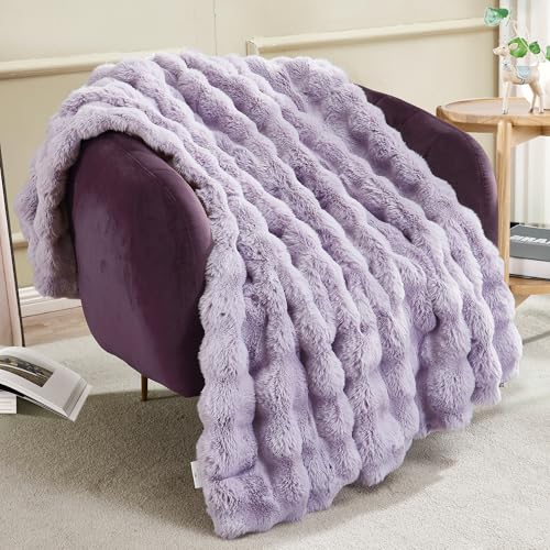 JONIYEAR Soft Fuzzy Bubble Faux Rabbit Fur Throw Blanket 50" x 60", Reversible Aesthetic Warm Thick Fluffy Blanket for Winter,Luxury Cozy Puffy Shaggy Plush Furry Blankets for Couch Sofa, Lilac Purple - color: Lilac Purple - 900gsm, size: Travel/Throw Siz