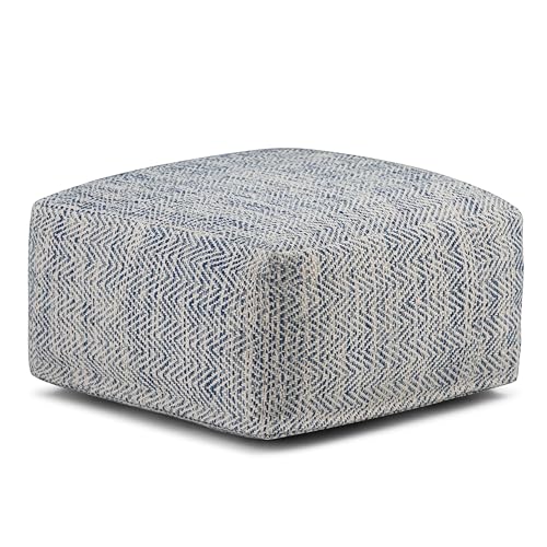 SIMPLIHOME Nate Square Pouf - 20 inch Wide Upholstered Handwoven Cotton Ottoman in Patterned Denim Melange, Boho Footstool or Extra Seating for Living Room with Artisanal Texture, Assembled - color: Patterned Denim Melange, style: Cotton Pouf